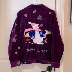 The Quacker Factory Purple Velvet Snowman Christmas Jean Jacket Size Large